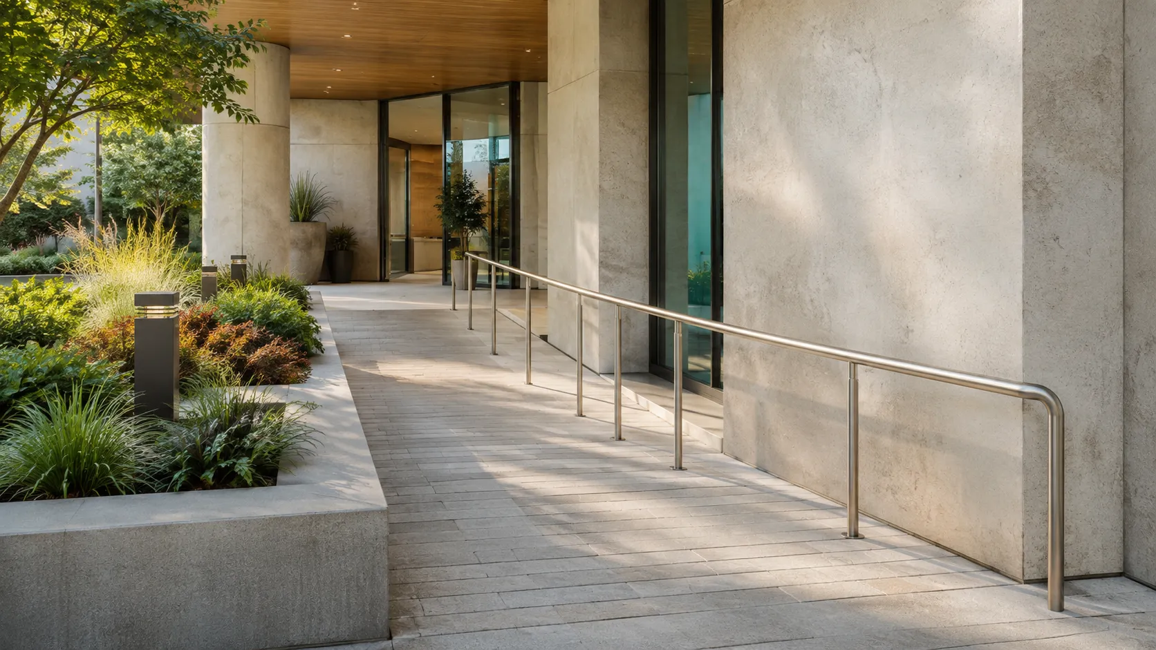 A clear, step-free entry path with a handrail and textured paving.
