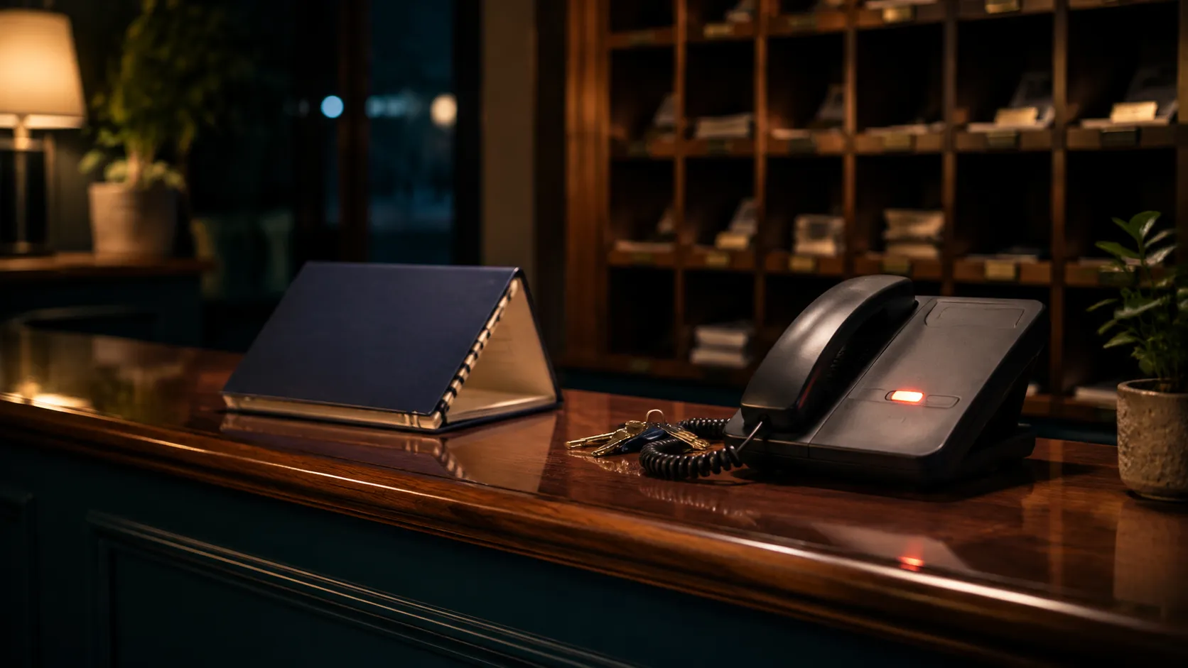 An unbranded desk phone, keys, and an orderly dispatch counter after hours.