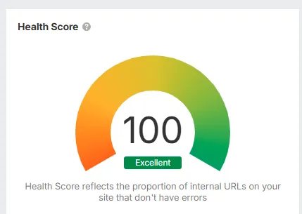 Ahrefs Site Audit showing a Health Score of 100 rated Excellent