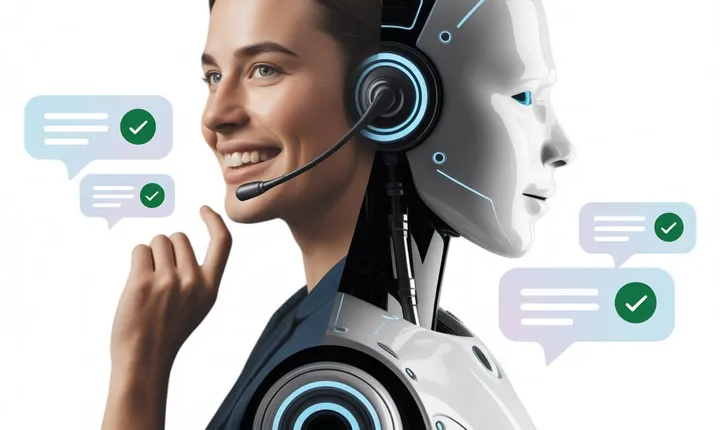 Split image of a smiling headset receptionist and a robot profile with chat bubbles and check marks.