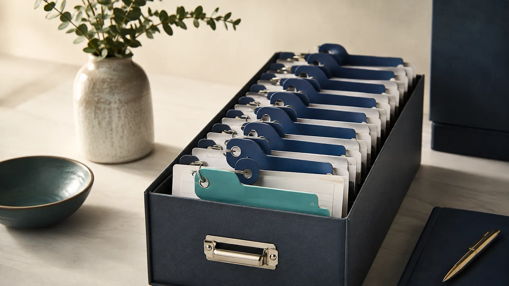 An organized filing tray holding neutral key tags and blank cards, with one teal tab in front.