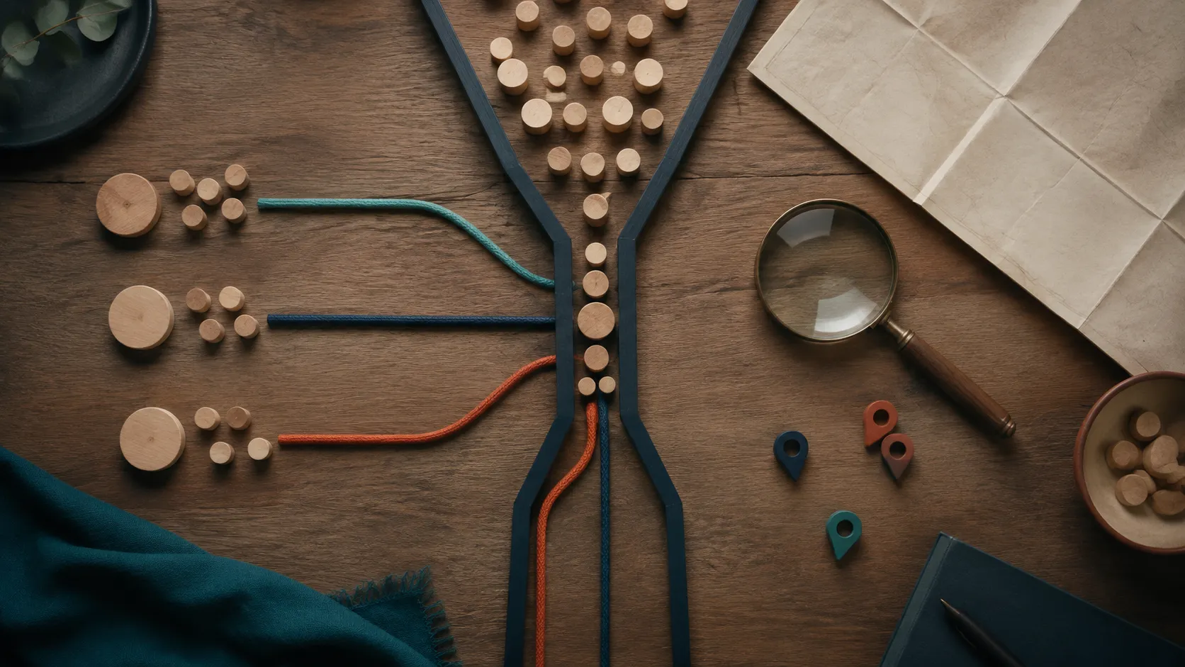A tactile planning kit with blank map materials, location pins, and a magnifying glass.