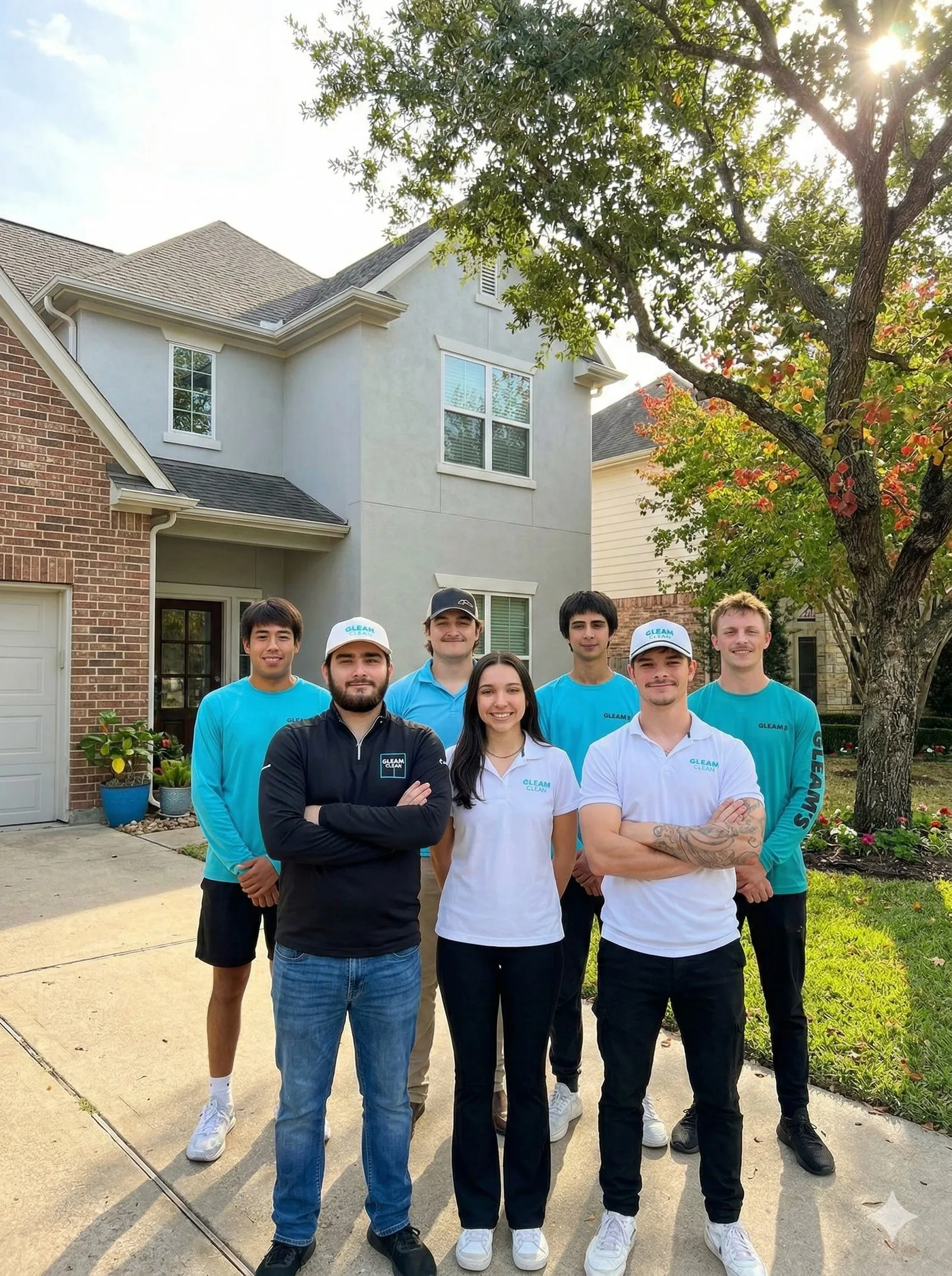 Luke Ramirez and the Gleam Clean team standing in front of a Houston-area home