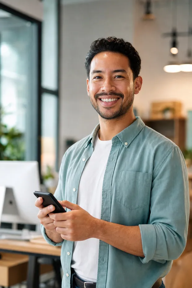 Smiling local business owner checking new customer activity on his phone