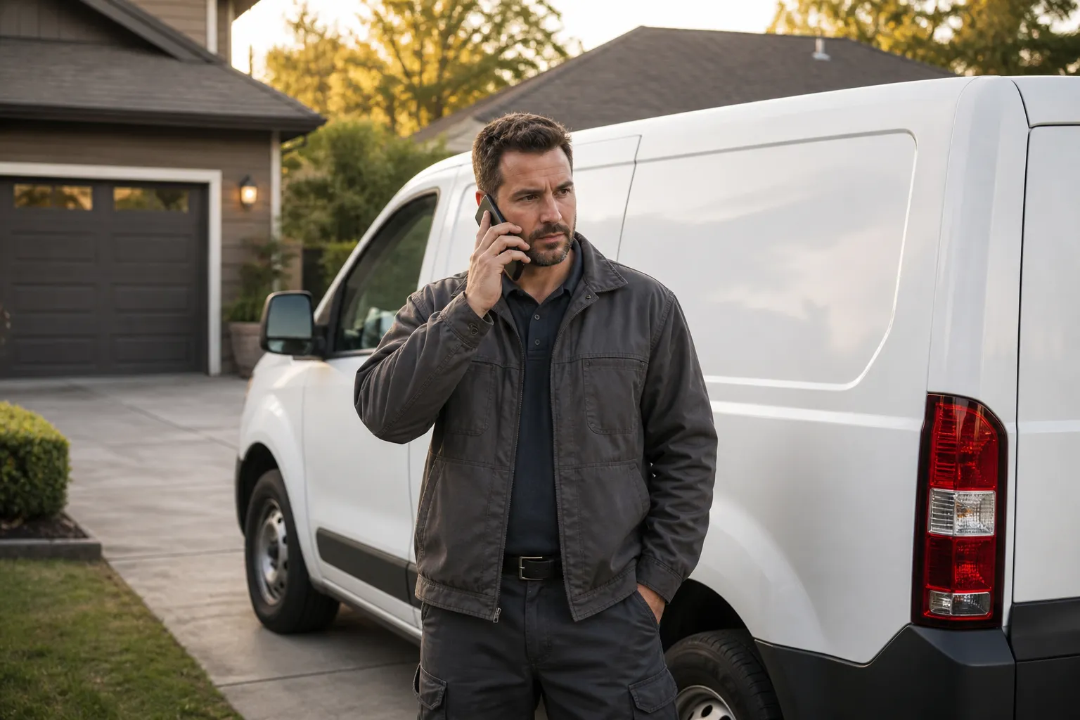 Illustrative scene of a residential service owner answering a phone call beside an unbranded service van.