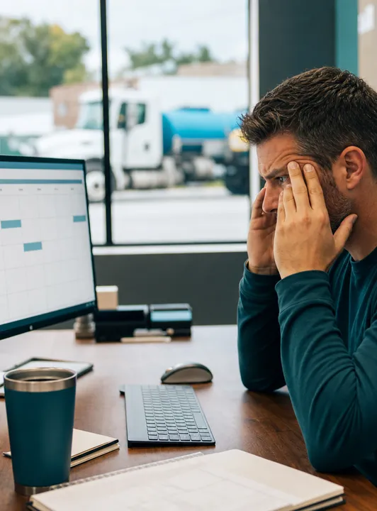 Overwhelmed business owner frustrated by disconnected marketing dashboards and too few leads