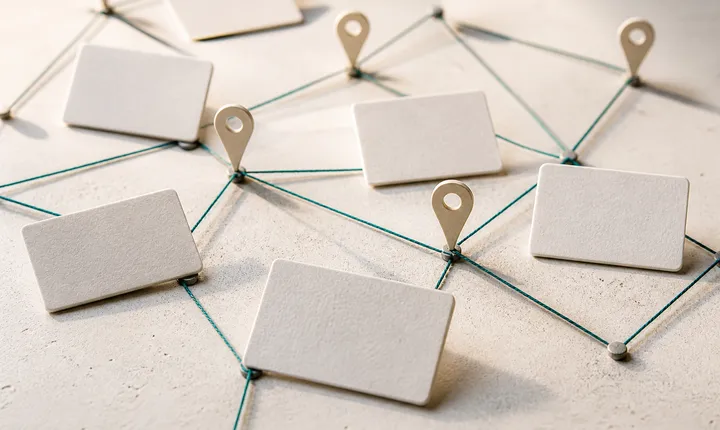 Illustrative network of blank business-record tiles and location pins.