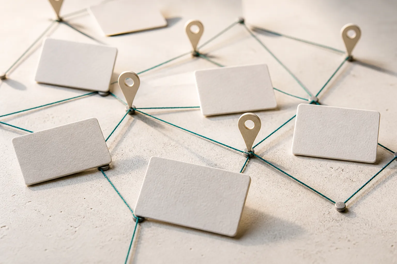Illustrative network of blank business-record tiles and location pins.