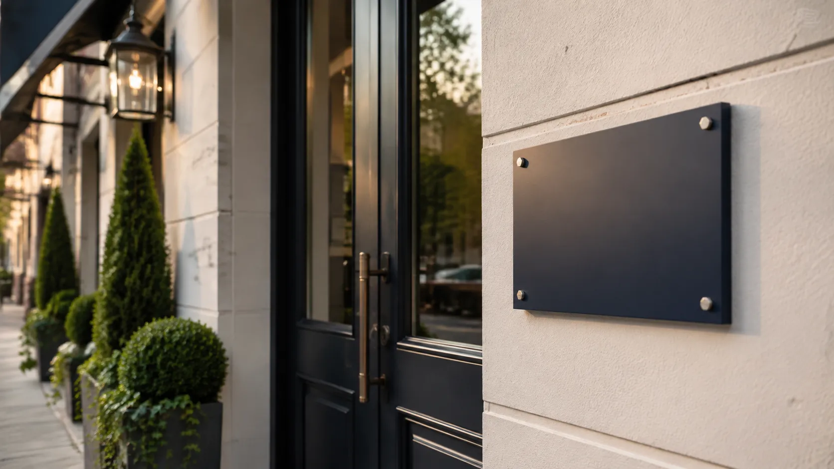 Unbranded storefront entrance with a blank address plaque and planted greenery.