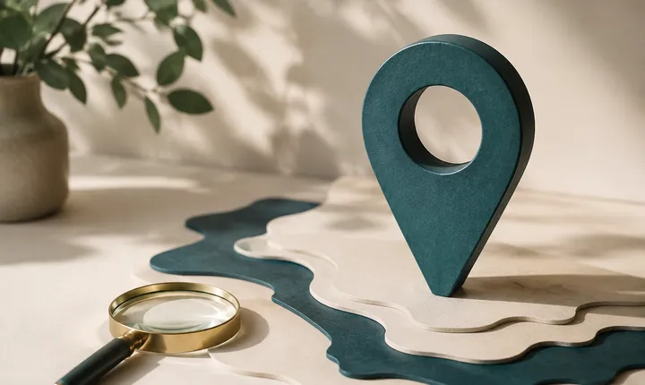 Illustrative location marker and magnifying glass on layered map contours.