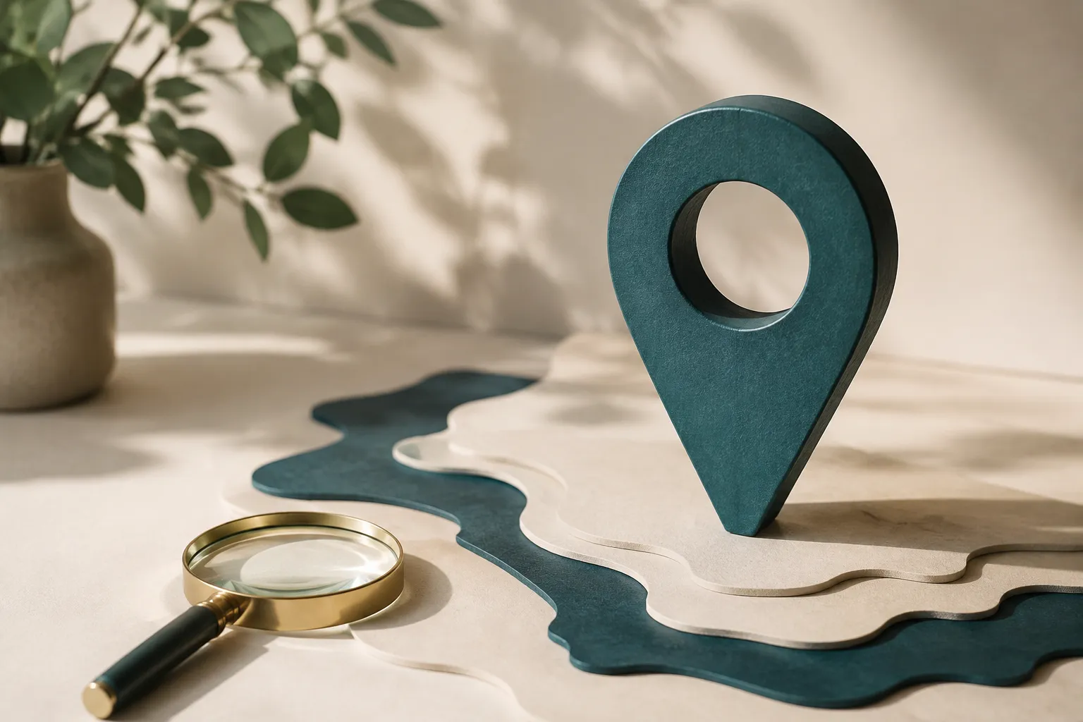 Illustrative location marker and magnifying glass on layered map contours.