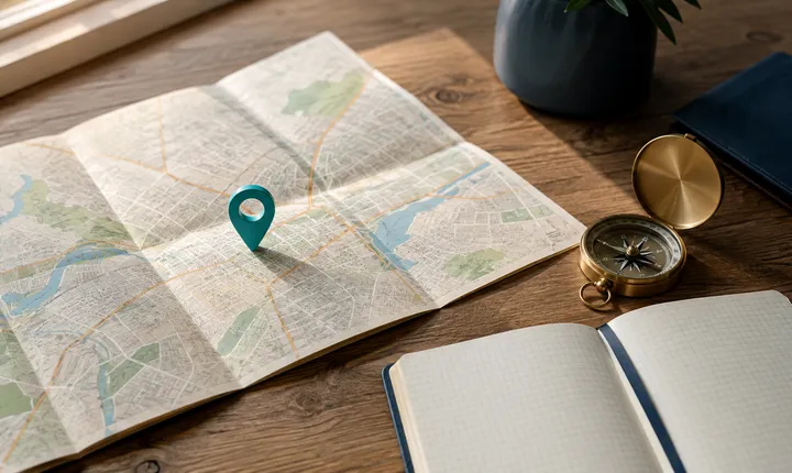 A folded street map with a teal location pin, compass, and blank grid notebook.