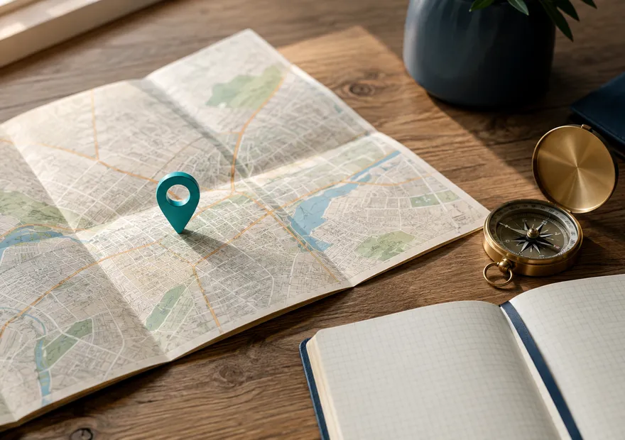 A folded street map with a teal location pin, compass, and blank grid notebook.