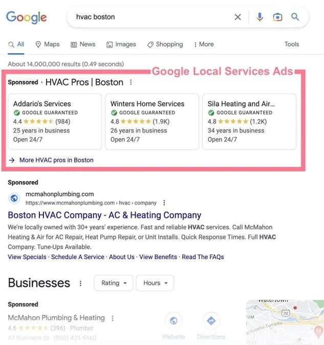 Google search results page showing Local Service Ads and Google Guaranteed listings.