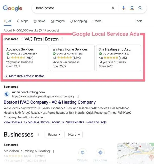 Google search results page showing Local Service Ads and Google Guaranteed listings.