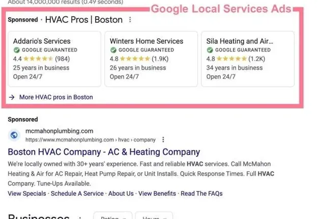 Google search results page showing Local Service Ads and Google Guaranteed listings.