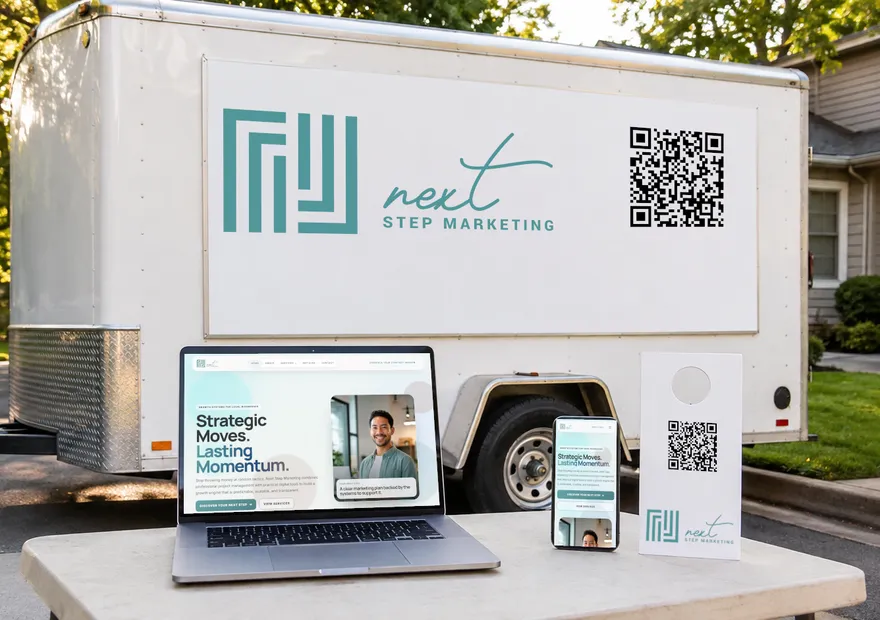 A Next Step Marketing trailer sign and door hanger, with the NSM website shown on a laptop and phone.