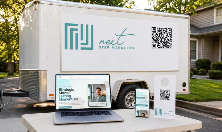 A Next Step Marketing trailer sign and door hanger, with the NSM website shown on a laptop and phone.