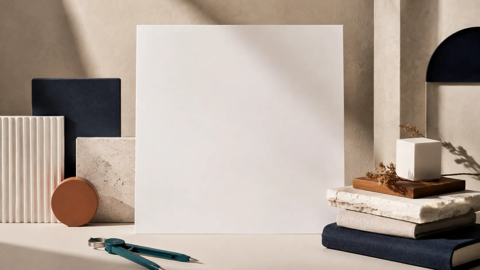 A refined studio arrangement of architectural materials, a blank panel, and a teal compass.