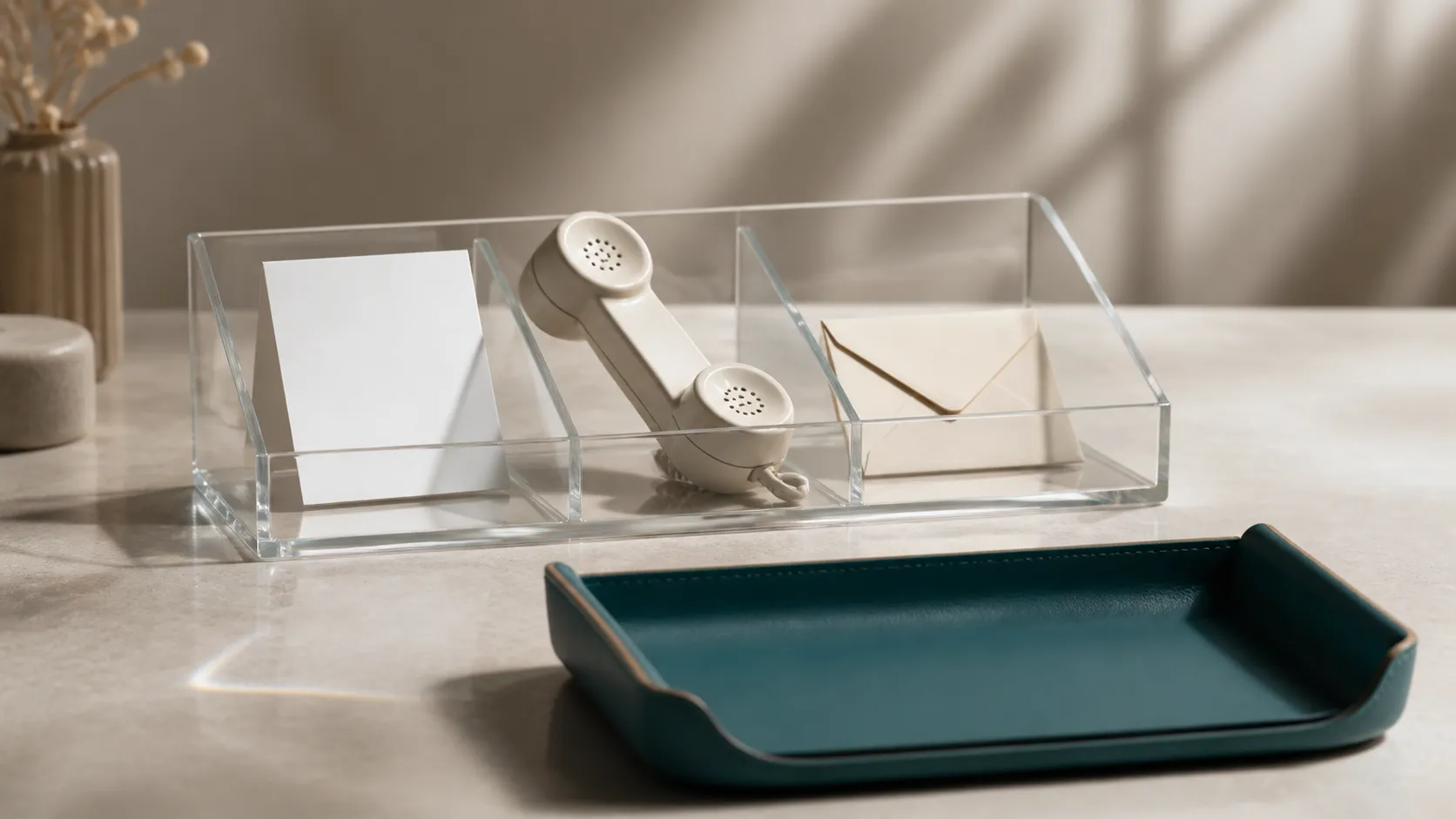 A clear inbox tray holding a phone receiver, folded note, and envelope aligned toward an organized teal tray.