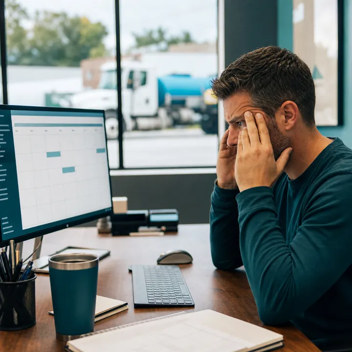 Overwhelmed business owner frustrated by disconnected marketing dashboards and too few leads