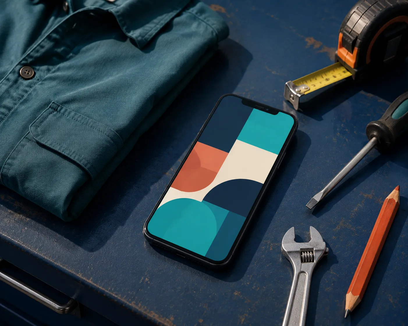 Smartphone with abstract campaign artwork on a work surface beside home-service tools.