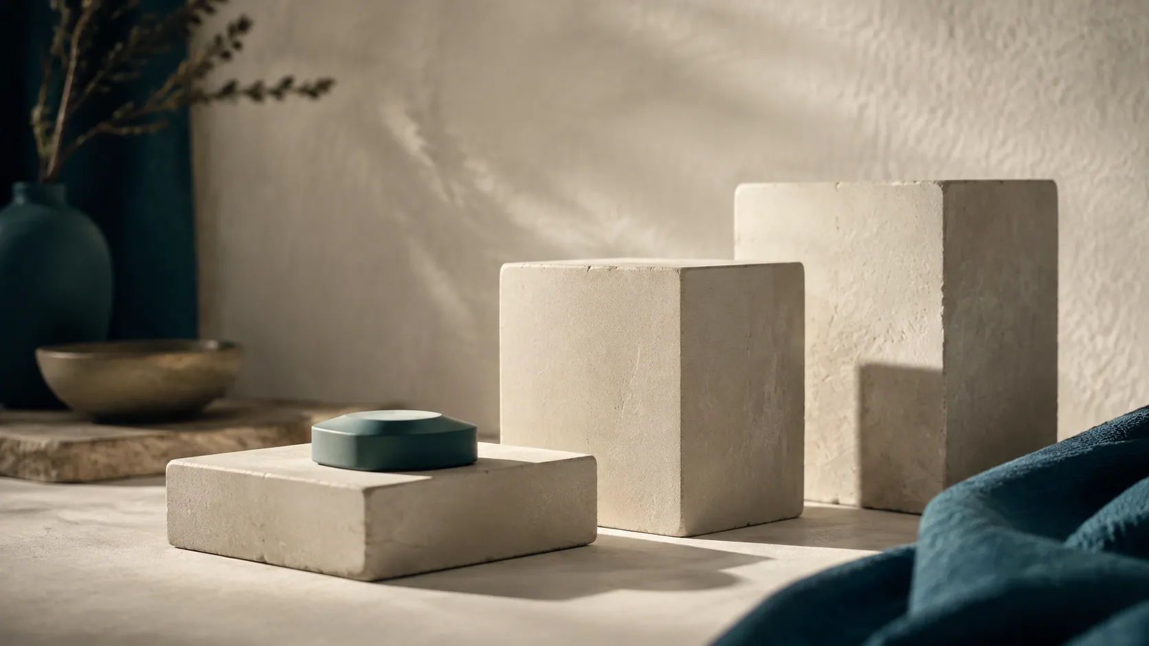 Three unmarked stone plinths with a selected teal object in the foreground.