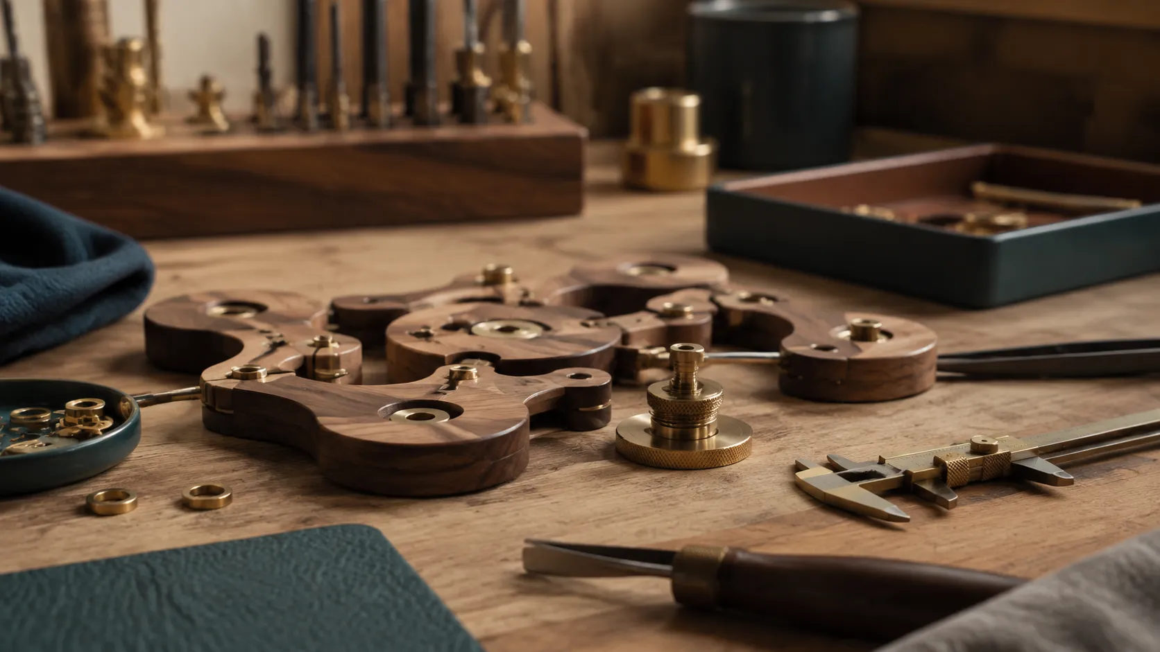 A refined workbench with connected wooden components, precision tools, and an adjustable brass fitting.