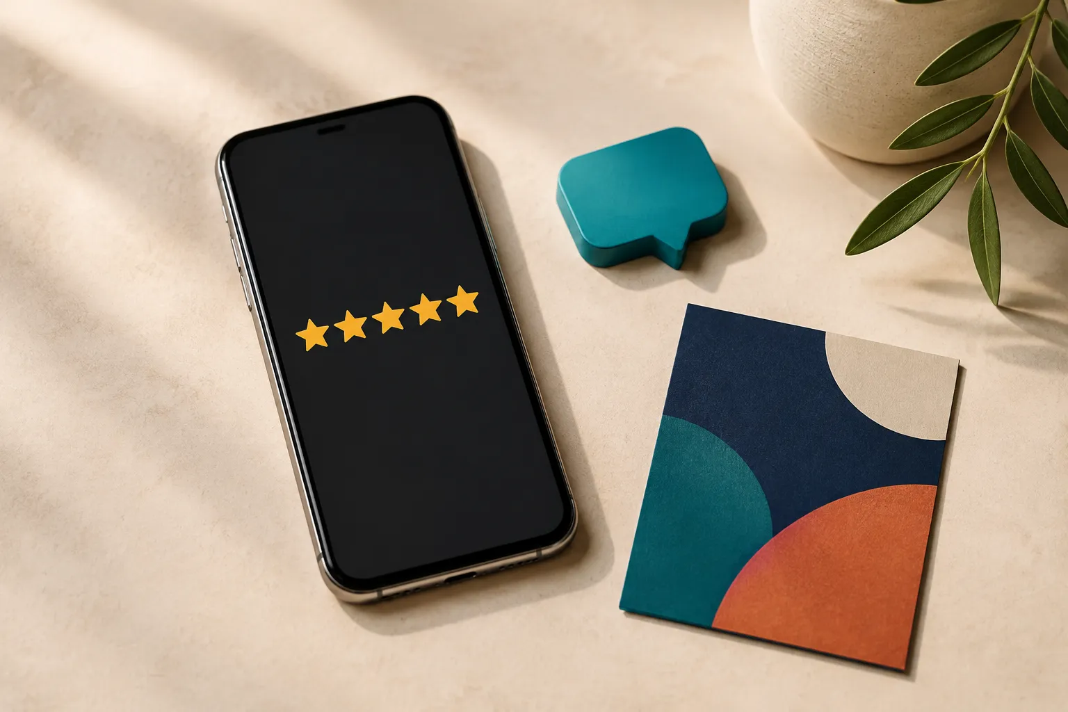 Smartphone displaying five stars beside a teal feedback marker and a patterned note card.