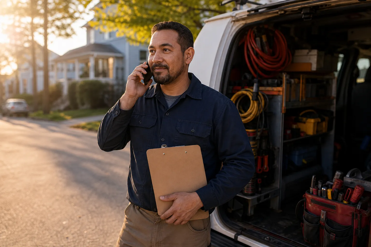 Illustrative scene of a home-service business owner taking a phone call beside a service van between jobs.