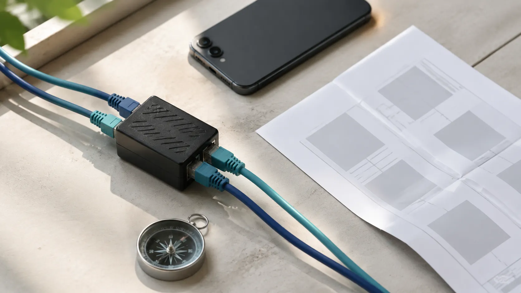 Teal and navy ethernet cables joined through a network coupler beside a phone, compass, and abstract page-map sheet.