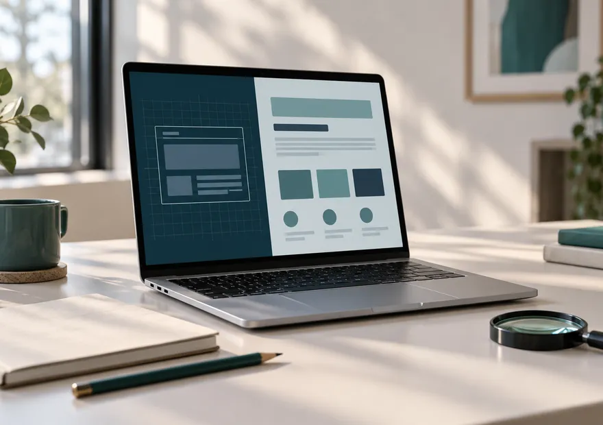 An unbranded laptop showing an abstract website layout beside a magnifying glass and notebook