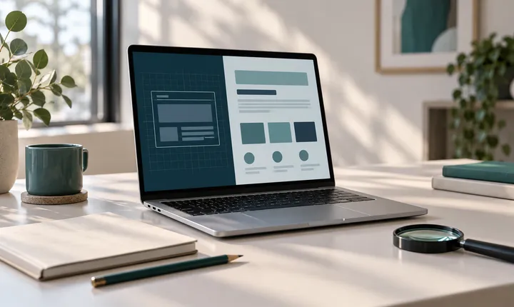 An unbranded laptop showing an abstract website layout beside a magnifying glass and notebook