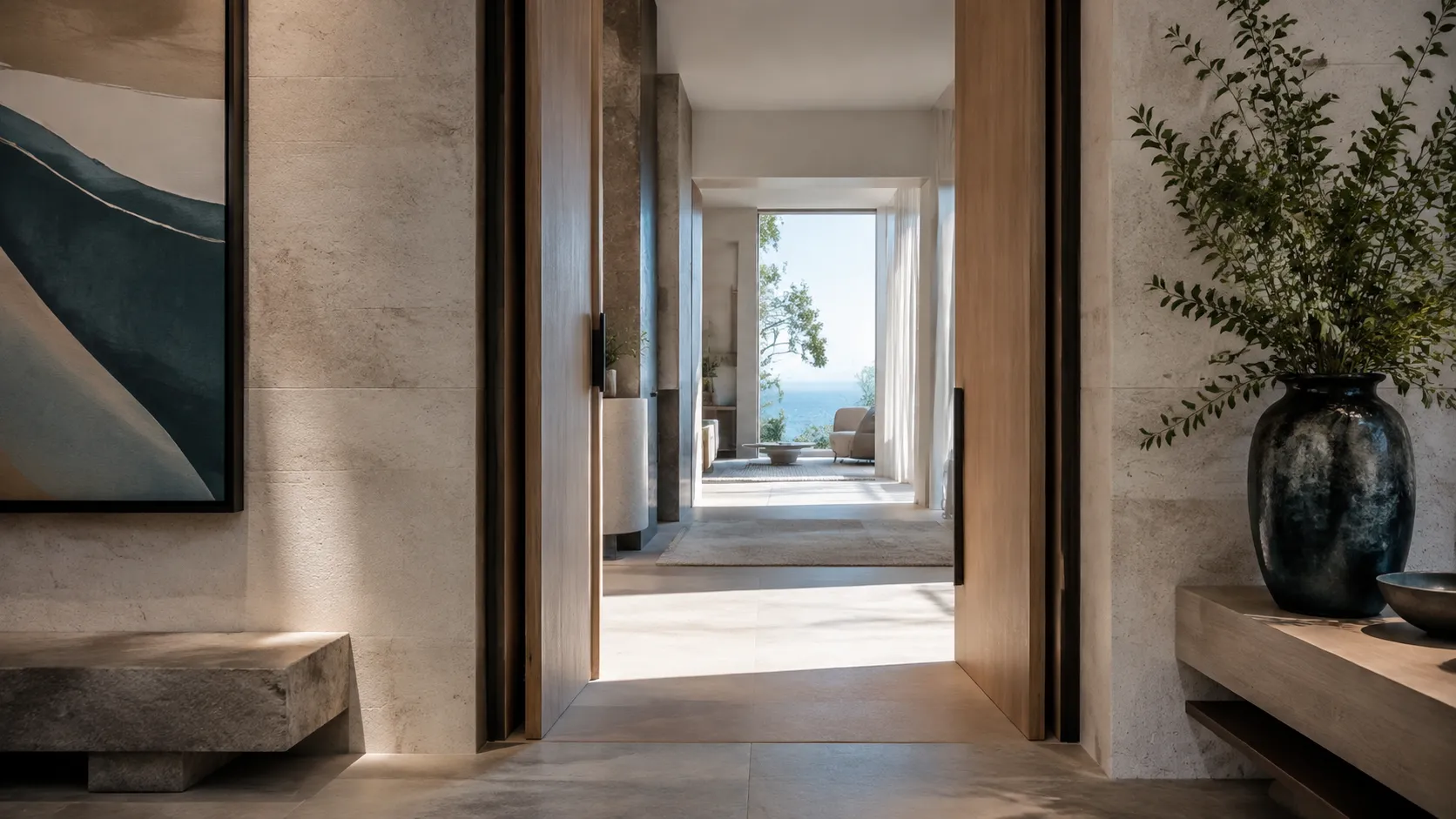 A welcoming open doorway with layered thresholds and a clear path through a calm interior.
