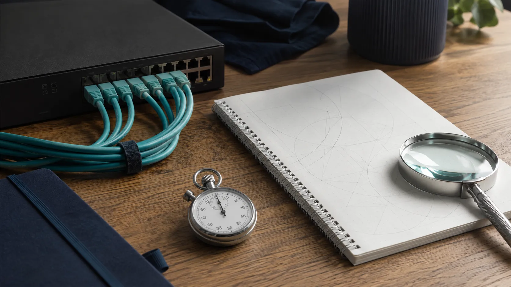 A network switch with teal ethernet cables, an analog stopwatch, magnifier, and abstract planning notebook on a wood desk.