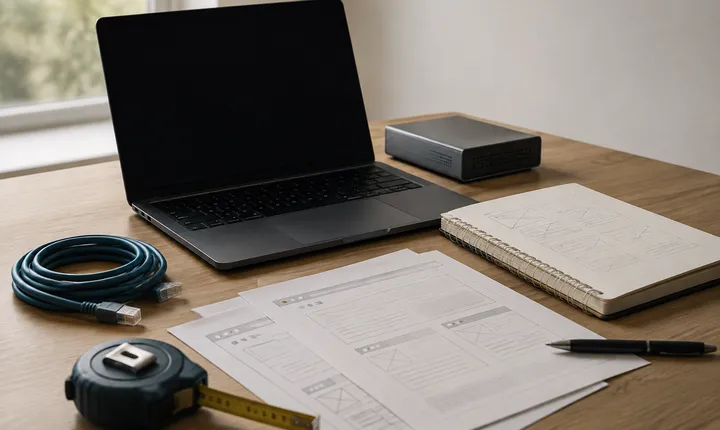 Blank-screen laptop, network cable, technical notes, and measuring tape on a desk