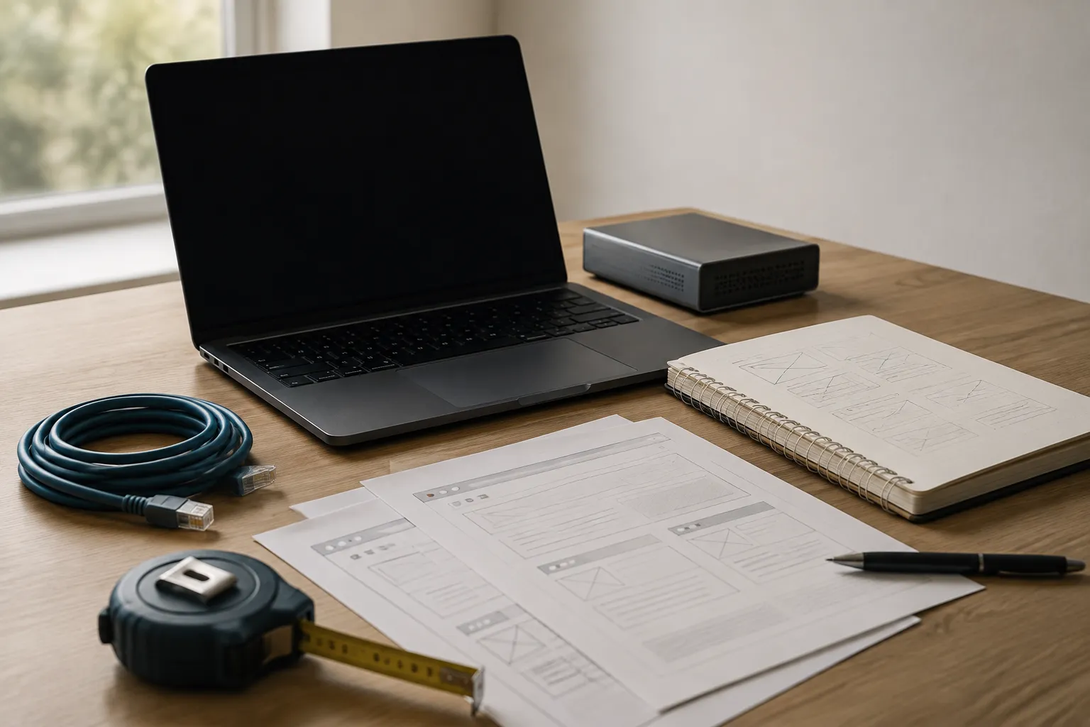 Blank-screen laptop, network cable, technical notes, and measuring tape on a desk