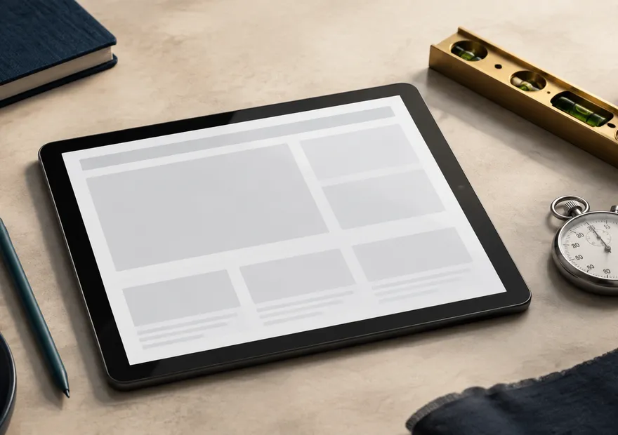 An unbranded tablet with abstract page blocks beside a stopwatch, bubble level, and teal stylus.