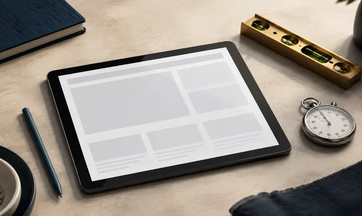 An unbranded tablet with abstract page blocks beside a stopwatch, bubble level, and teal stylus.