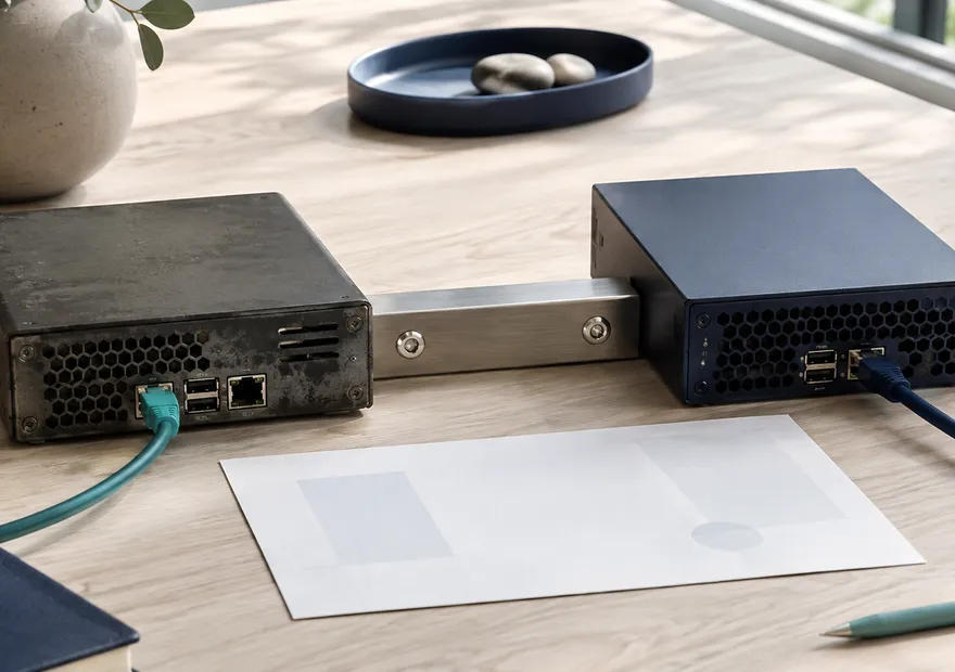 Two small server modules with separate teal and navy cables joined by a metal bridge connector.