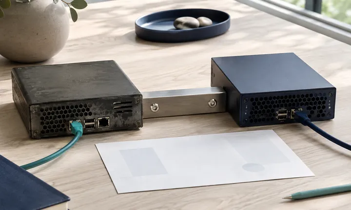 Two small server modules with separate teal and navy cables joined by a metal bridge connector.