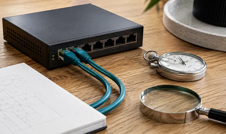 A network switch with teal cables, an analog stopwatch, magnifier, and abstract technical notebook.