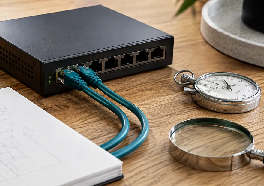 A network switch with teal cables, an analog stopwatch, magnifier, and abstract technical notebook.