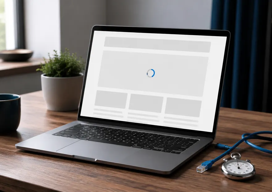 An unbranded laptop showing a sparse loading web page beside an ethernet cable and stopwatch.