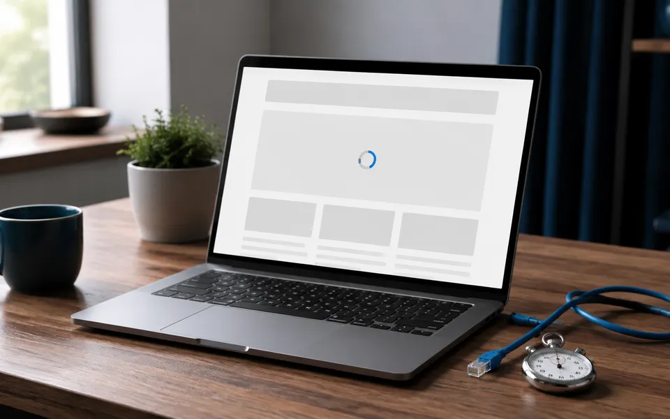 An unbranded laptop showing a sparse loading web page beside an ethernet cable and stopwatch.