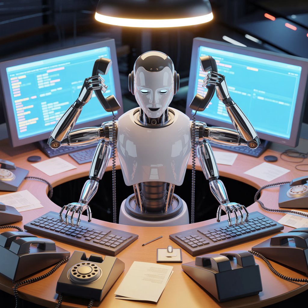 Robot at a desk answering multiple phones at once while typing at two computers.
