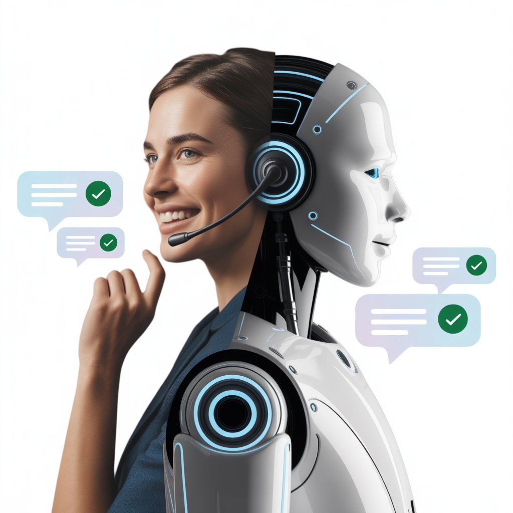 A conceptual illustration of a customer service agent who is split vertically, appearing as a smiling human woman on the left and a sleek futuristic robot on the right. The figure wears a headset and is surrounded by chat bubbles containing green checkmarks.