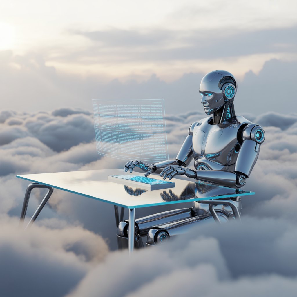 Futuristic robot sitting at a desk in the cloud.