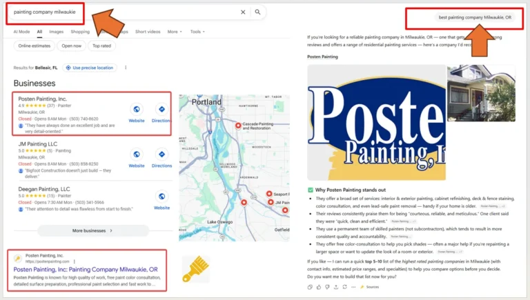 Case Study of painter showing up on Google Maps and ChatGPT recommendations.
