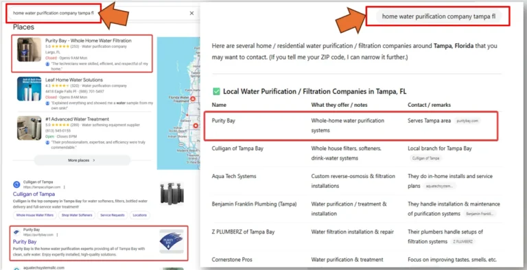 Case Study of a water filter company showing up on Google Maps and ChatGPT recommendations.